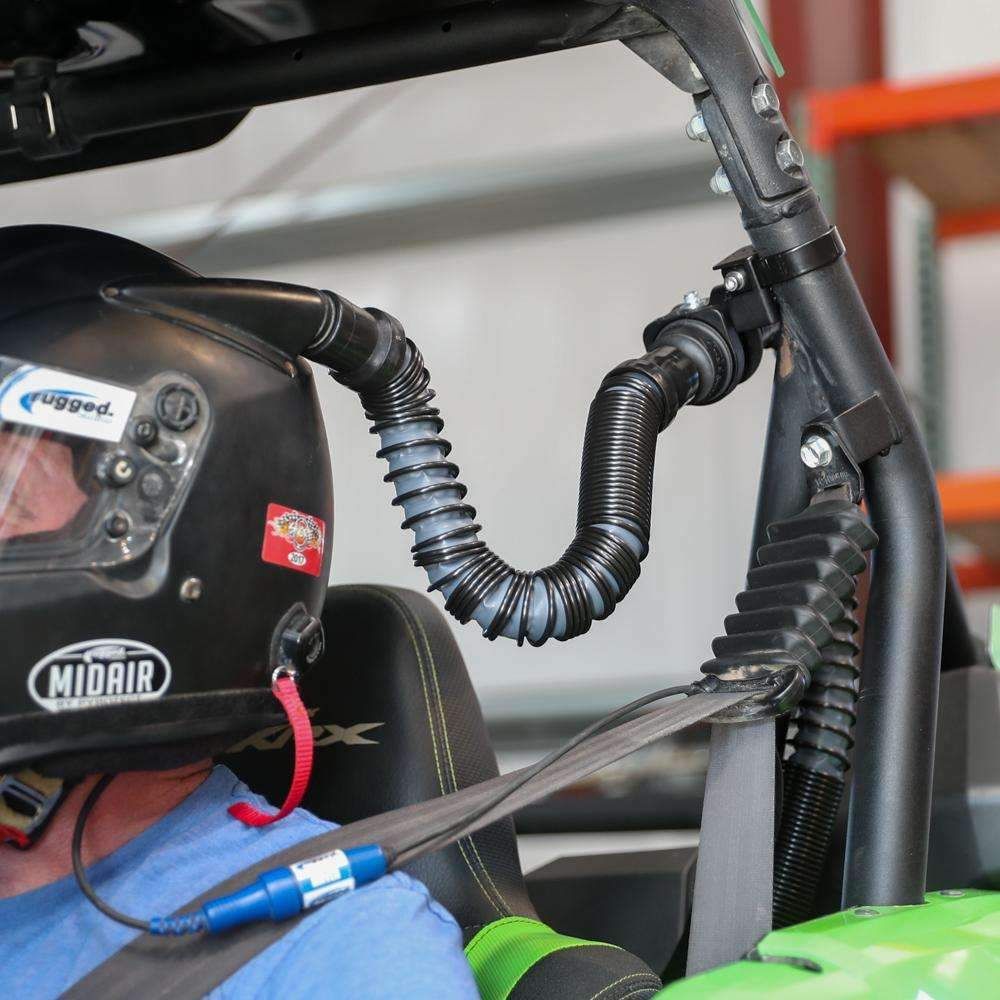 Rugged Radios MAC-XC Magnetic Quick-Release for Helmet Air Pumper - With Base Clamp Bar Mount 1.75", Installed And Connected To Helmet